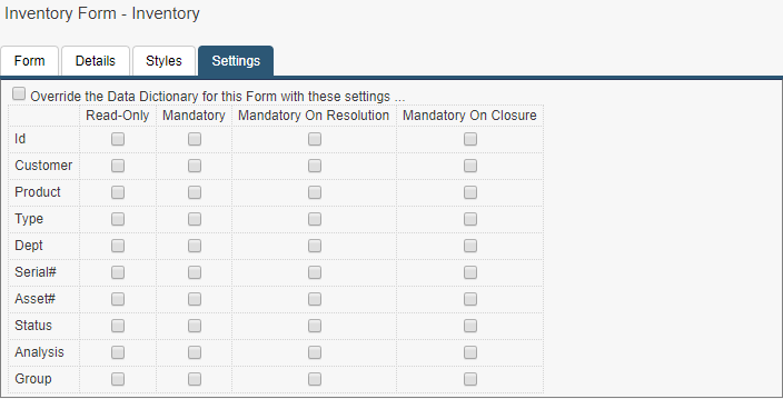 inventory form settings tab