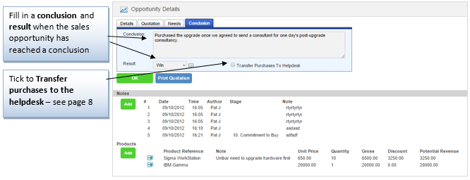 sales opportunity quotation tab