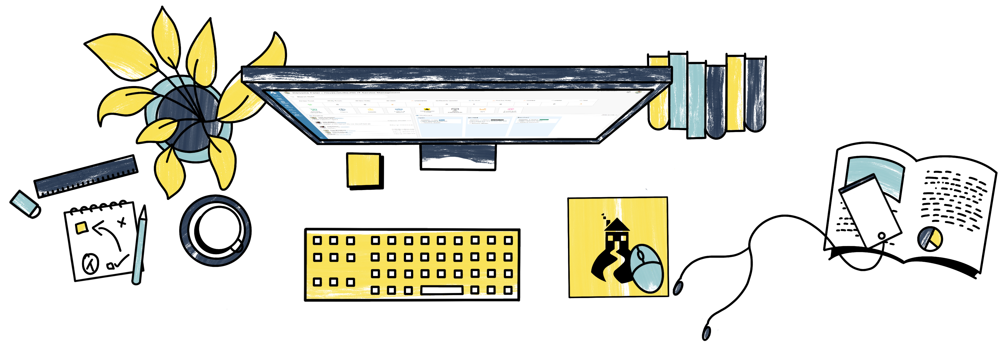 Self-Service decorative illustration of a desk with HotH branding 